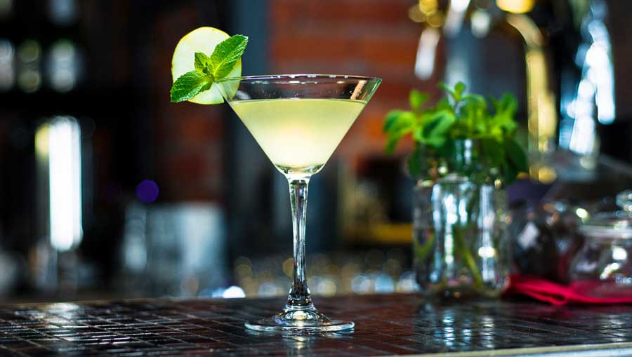 View of a cocktail with lemon and mint