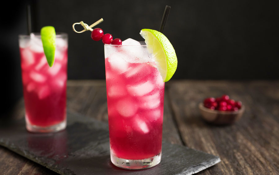 View of two cranberry vodka on a glass with lemon