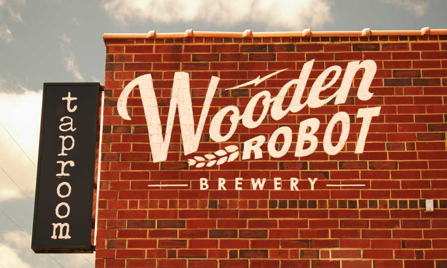 The Wooden Robot Brewery sign on the outside